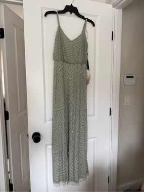 Adrianna Papell Beaded Sage Green V-Neck Maxi Dress
